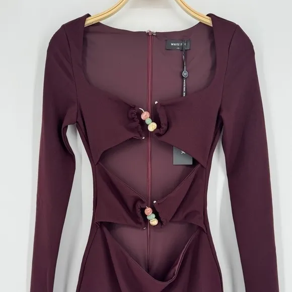 White Fox One‎ Desire Mini Dress Small Dark Burgundy Cutout Long Sleeve Beaded - Image 3