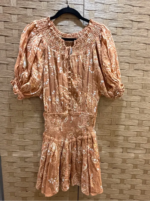 SABO Dress NWOT Brown Paisley Puff Sleeve Mini Boho Resort Chic Size S Cotton - Image 2
