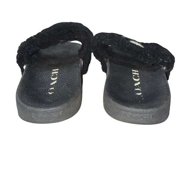 Coach Shearling‎ Slide Sandals Womens 8 Black Good Faux Fur Logo Slippers - Image 6