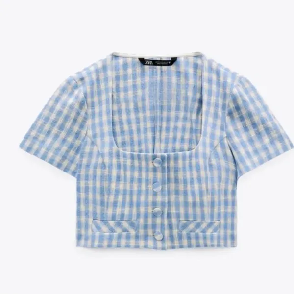 Zara Blue & White Gingham Crop Top Size Small - Image 3