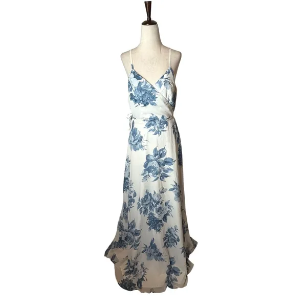 Lulus Elegantly Inclined Wrap Dress Women XL Blue‎ Cream Floral Print Maxi Boho - Image 2