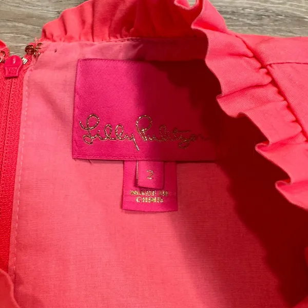Lilly Pulitzer Dress Size 2 Elina Stretch‎ Sleeveless Ruffle Pocket Coral Spritz - Image 6