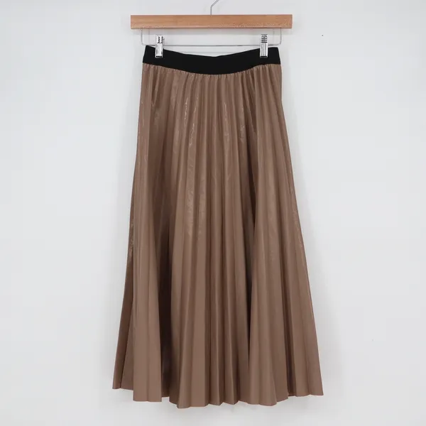 Taupe Bronze Metallic Pleated Midi Skirt Black Elastic Waist Small Accordion - Image 3