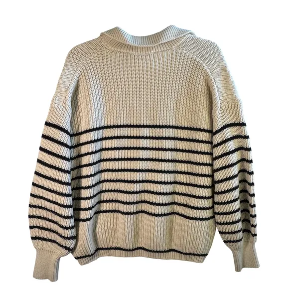 Zara Knit Rugby Sweater Womens Medium Cream Black Striped Collared Cotton Preppy - Image 2