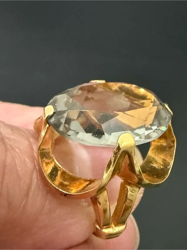 Vintage 18KT Electroplated Gold Oval Smoky Quartz Glass Cocktail Ring Size 4 - Image 5