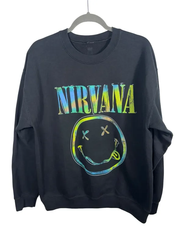 Nirvana‎ Smiley Face Graphic Crewneck Sweatshirt Black Tie Dye Logo Size Large - Image 2