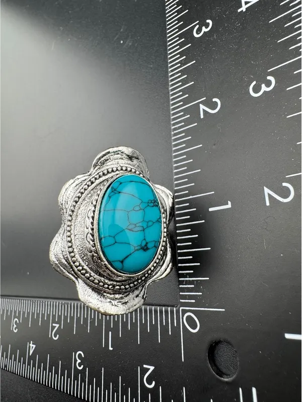 Adjustable Silver Tone Ring with Large Oval Turquoise Stone Blue - Image 6