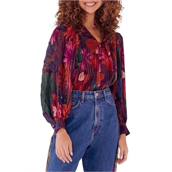 NEW Farm Rio Women’s Bird Flowers Pleated Shirt Multicolor - Image 3