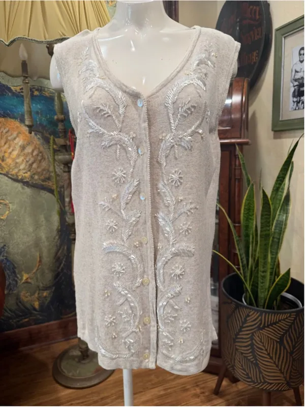 Theo Miles Vintage Beaded Sweater Vest Missy Medium Linen Blend Oatmeal Boho Cre - Image 3