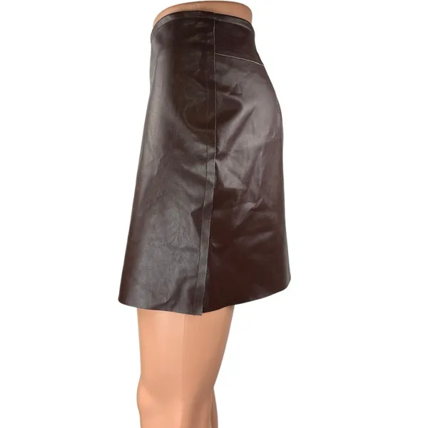 Commense Brown Faux Vegan Leather Mini Zipper Straight Pencil Skirt Size S - Image 3