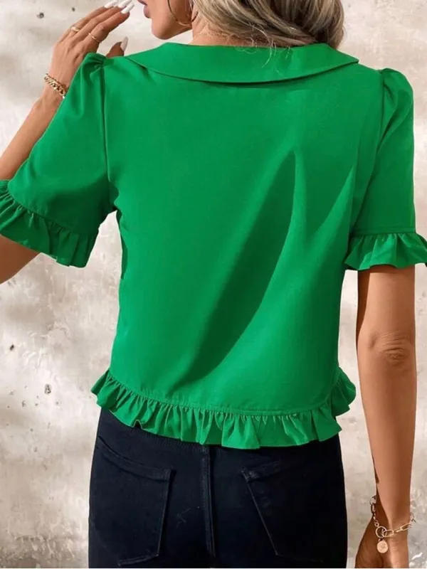 SHEIN Clasi Elegant Women V-Neck Blouse With Ruffle Trim Short Sleeve Top Sz XL - Image 2