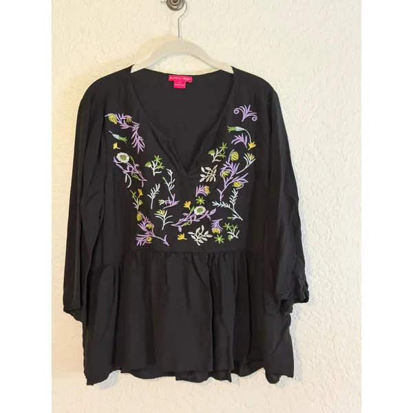 Sunny Leigh Peplum Blouse Black XL Women Embroidered V-Neck Boho Peasant Top - Image 7