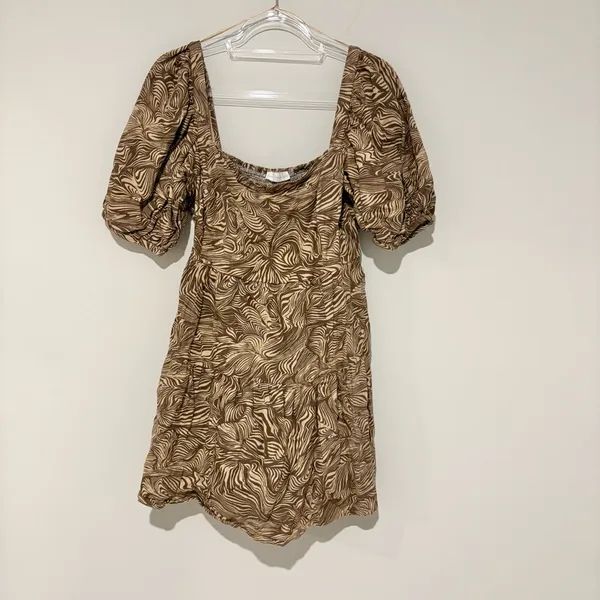 House Of Harlow Linen Blend Puff Sleeve Square Neck Swirl Babydoll Dress‎ Tan S - Image 2
