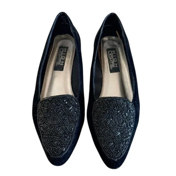 High Lights Black Velvet Beaded Loafers Low Heel Dress Shoes Women's Size 8 - Image 2
