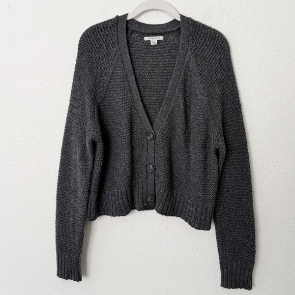 [American Eagle Outfitters] Gray Cropped V-Neck Knit Cardigan Sweater Sz Large L - Image 2