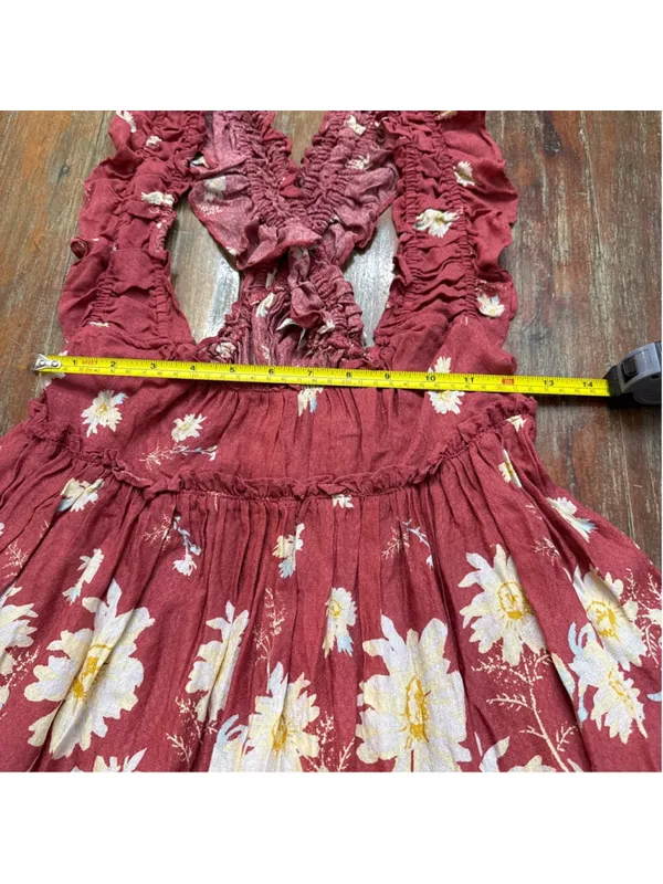 Free People Bali Wild Daisy Mini Dress Ruffle Straps Slip Renaissance Red Small - Image 7