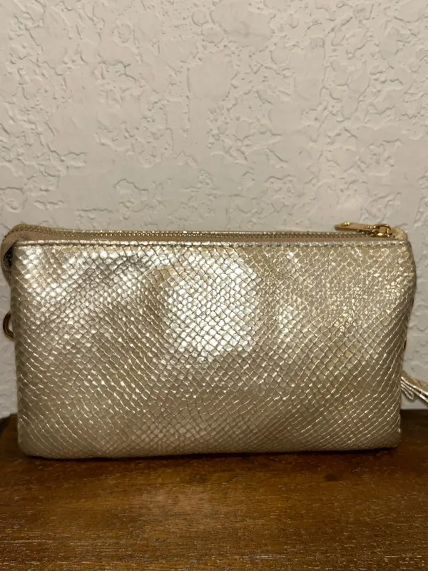 Caroline Hill Metallic Snake Skin Print 3 Zip Wristlet Crossbody Purse Bag Size OS - Image 4