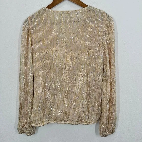 Boston Proper Sequin Wrap Blouse Long Sleeve Metallic Gold‎ Beige New Years Eve - Image 10