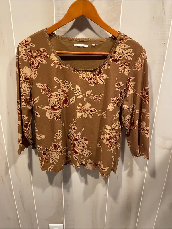 Source Unknown Cute Y2K sandalwood roses lace trim mesh stretchy top 3/4 sleeve - Image 2