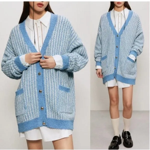 ZARA Blue Chunky Oversized Tweed Striped Button Cardigan Sweater Size S - Image 3