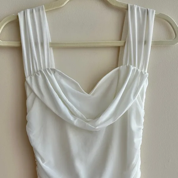 Glamaker White Mesh Ruched Off the Shoulder Mini Dress, Size Small, Bridal - Image 4
