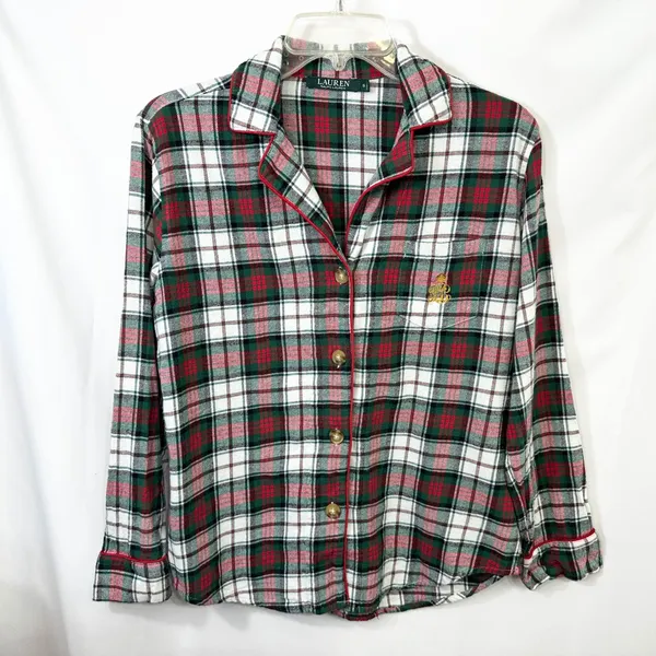 Lauren Ralph Lauren Small Plaid Pajama Set Green Red Christmas‎ Flannel 1134 - Image 3