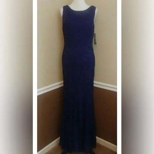 Sangria Navy Blue Lace Mermaid Godet Hem Maxi Dress Formal Gown by - Image 3
