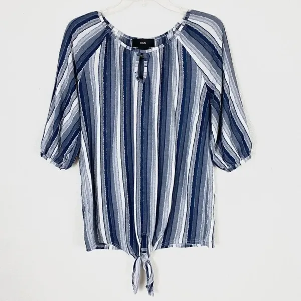 Rain Chambray Blue Striped Knot Hem Half Sleeve Blouse Blue Size M - Image 4