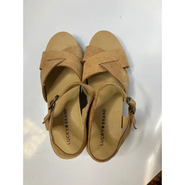 Lucky Brand Harvia tan leather heeled sandals‎ platform women size 8 boho casual - Image 6