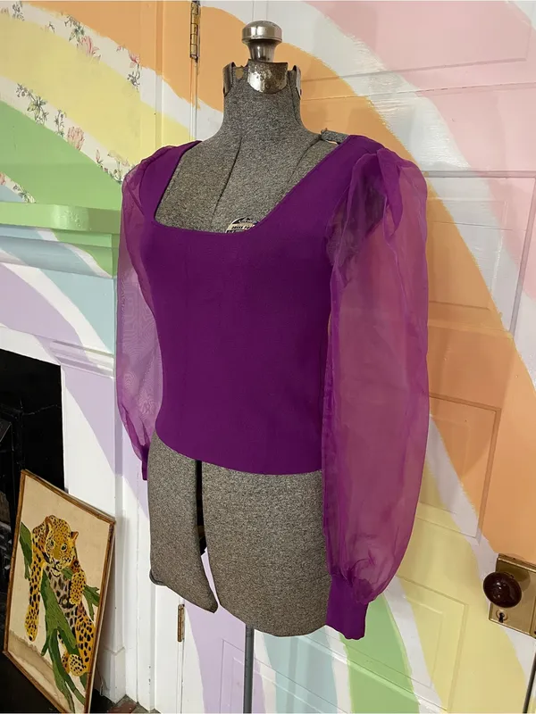 House of Harlow 1960 Sheer Puff Sleeve Chiffon Square Neck Crop Top Sz XS 💚🎀 - Image 2