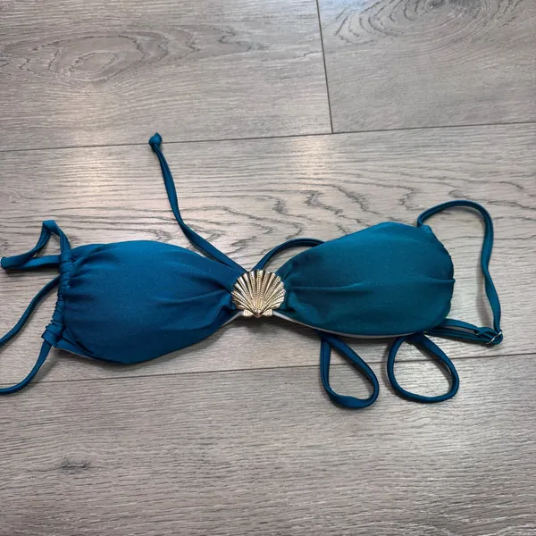 Teal Blue Shell Charm Bikini Set Gold Hardware Side‎ Tie Swimsuit Womens Small - Image 3