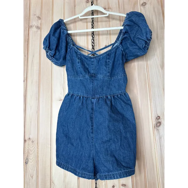 NWT Lulus Feylith Medium Wash Denim Romper Blue Lace Up Back Party Date Size M - Image 2