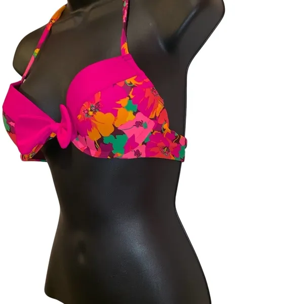 Pink Floral Bikini‎ Top S/M Push Up Underwire Bow Halter Y2K Retro Swimwear - Image 2