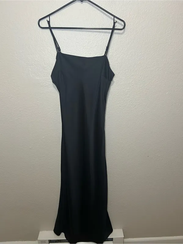Abercrombie & Fitch Black Satin Slip Maxi Dress M Square Neck Y2K Minimalist - Image 4