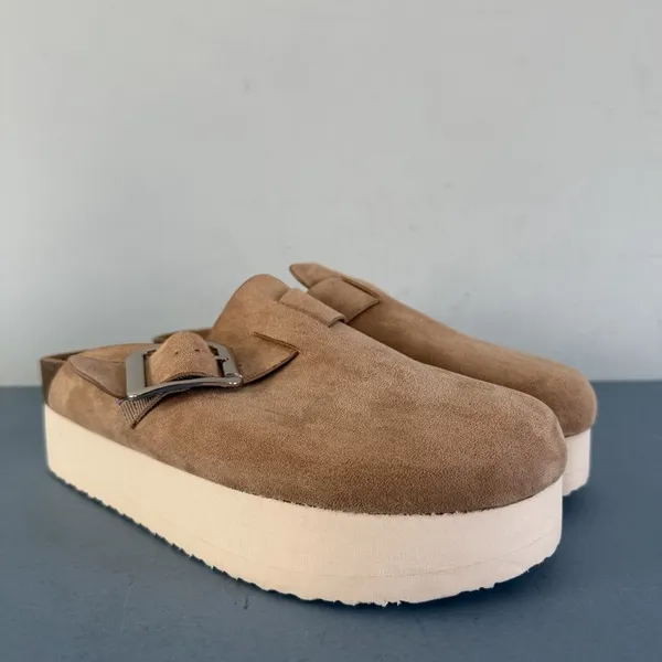 Madden Girl Cutiepie Platform‎ Sand Tan Suede Buckle Slip-On Clogs - Image 2