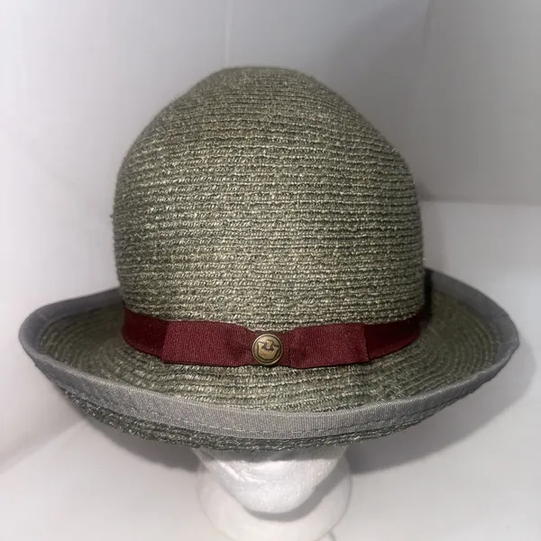 Goorin Bros Paper Woven Straw Fedora Hat Olive Green Burgundy Band Adult Small - Image 8