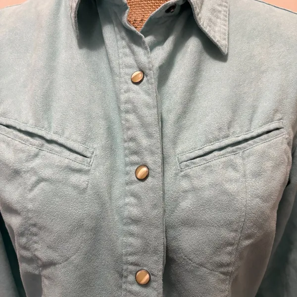 Columbia XCO Turquoise Blue Faux‎ Suede Western Pearl Snap Shirt Womens Medium - Image 2