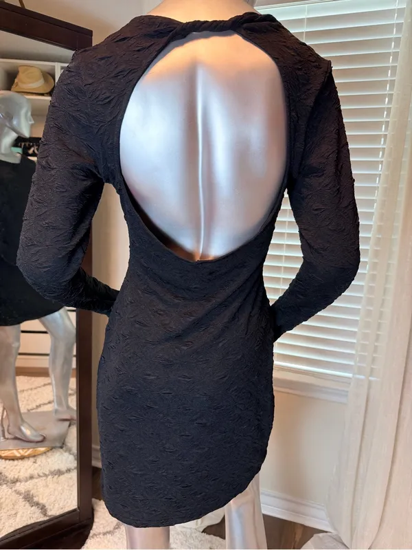 Free People Paulie Mini Dress Medium Black Textured Open Back Thumbhole Boho - Image 7