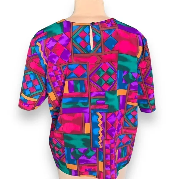Vintage Hill & Archer Shirt Geometric Multicolor Purple Blue Crinkle‎ Fabric - Image 6