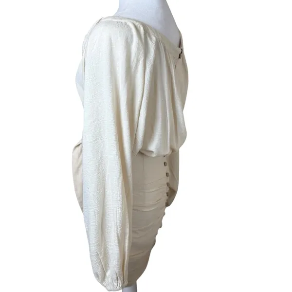Free People Mini Dress XS Cream Gauzy‎ Boho Peasant Ruched Buttons Neutral NWT - Image 7