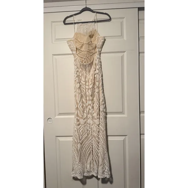 Dave & Johnny Y2K White Nude Art Deco Geometric Sequin Formal Prom‎ Dress Fairy - Image 2