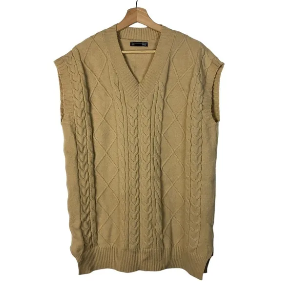 Boutique Dazy Light Brown‎ Cable Knit V-Neck Sleeveless Sweater Vest L - Image 2