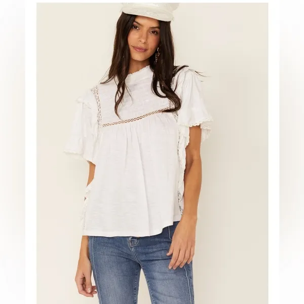 Free People Le Femme Tee White Lace Pleated Cotton Boho Blouse Size XS - Image 2