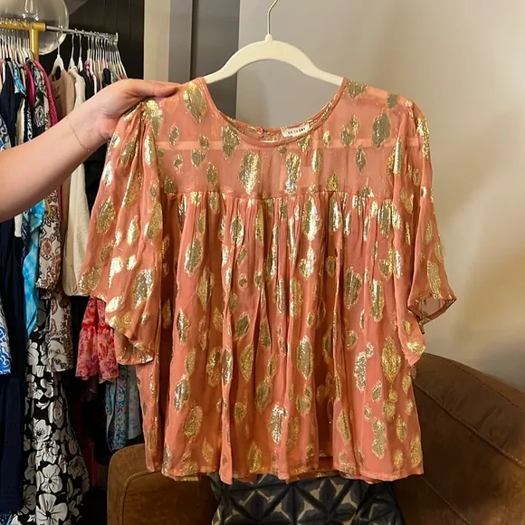 Gold and Peach Women's Top Orange Size L - Image 2