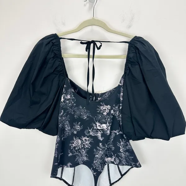 Free People Prarie Rose Puff Sleeve Bodysuit Black Coquette Romantic Large NWT - Image 10