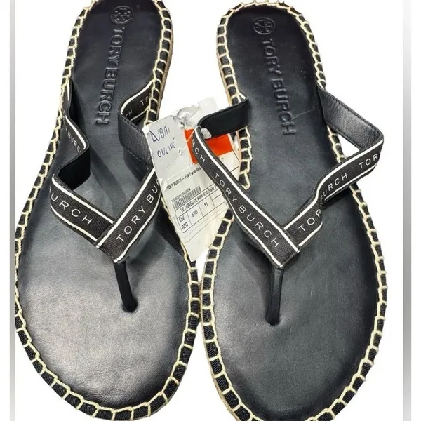 Tory Burch Flat Espadrille Sandals Women’s 11 Black White Logo Strap BNIB - Image 2