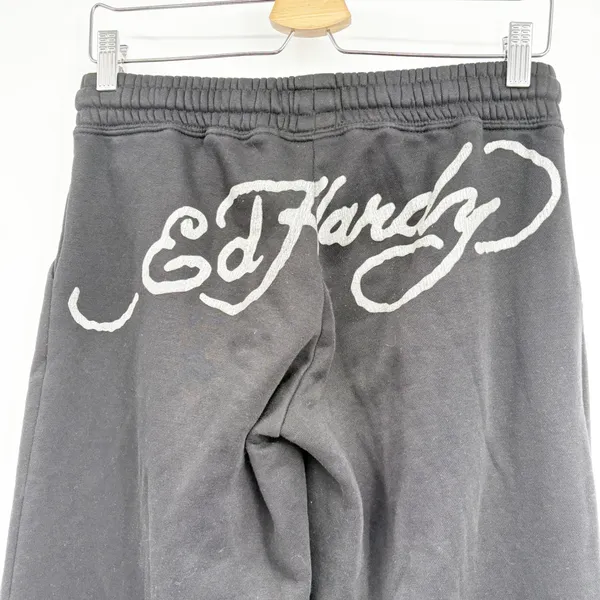 Ed Hardy Womens Black Retro Eagle Heart Tattoo Graphic Y2K Wide Leg Sweatpants S - Image 6
