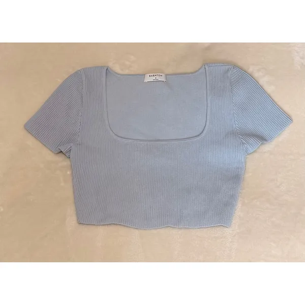 Babaton Sculpt Knit Square Neck Crop Top Light Blue Ribbed Short Sleeve Medium M - Image 3