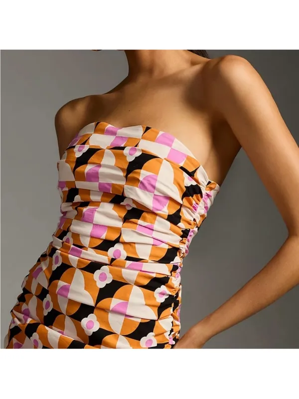 By Anthropologie Printed Strapless Slim Ruched Geometric Midi Dress - Image 2