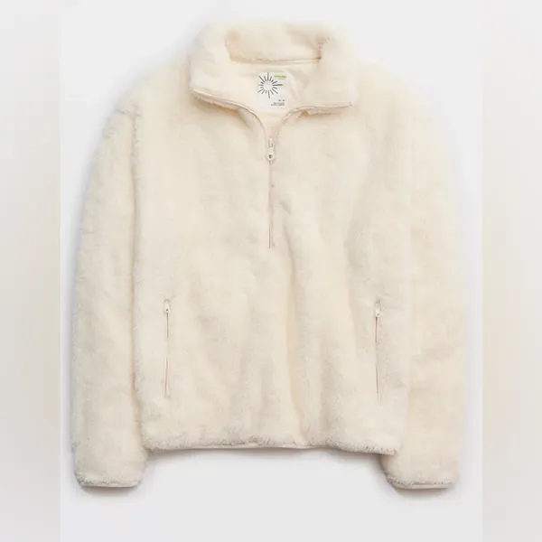 Aerie Offline Fluffy Sherpa Quarter Zip Sweatshirt in Toasted Coconut Size Small - Image 4